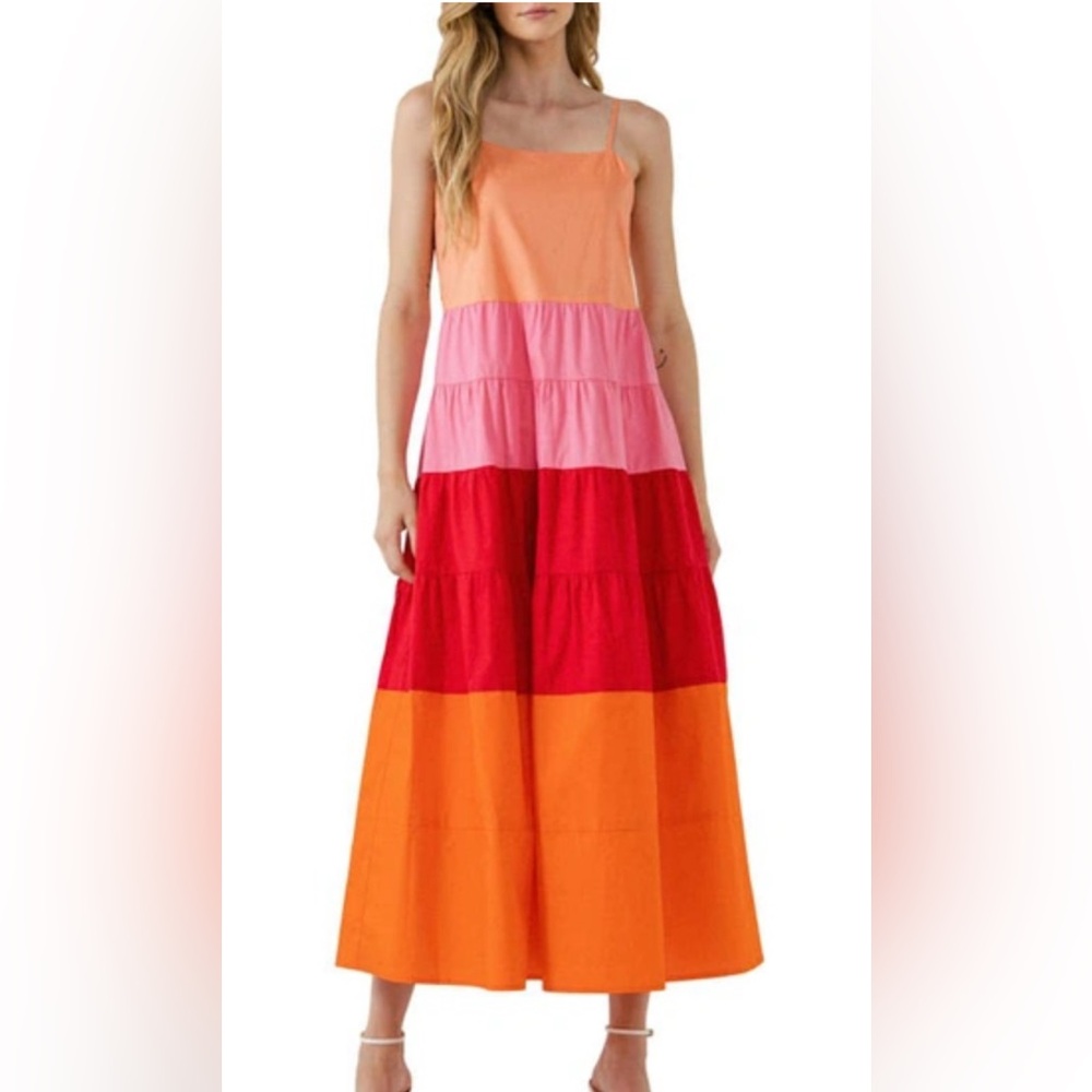 English Factory Colorblock Tiered Cotton Maxi Dress In Pink